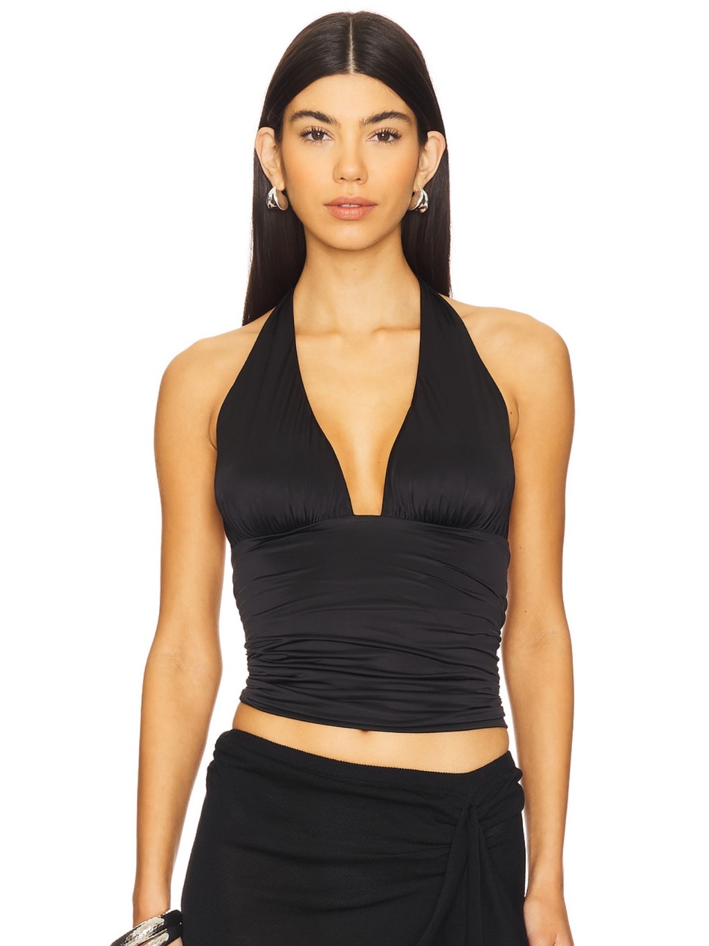 Good American Black Halter V-Neck Ruched Tank